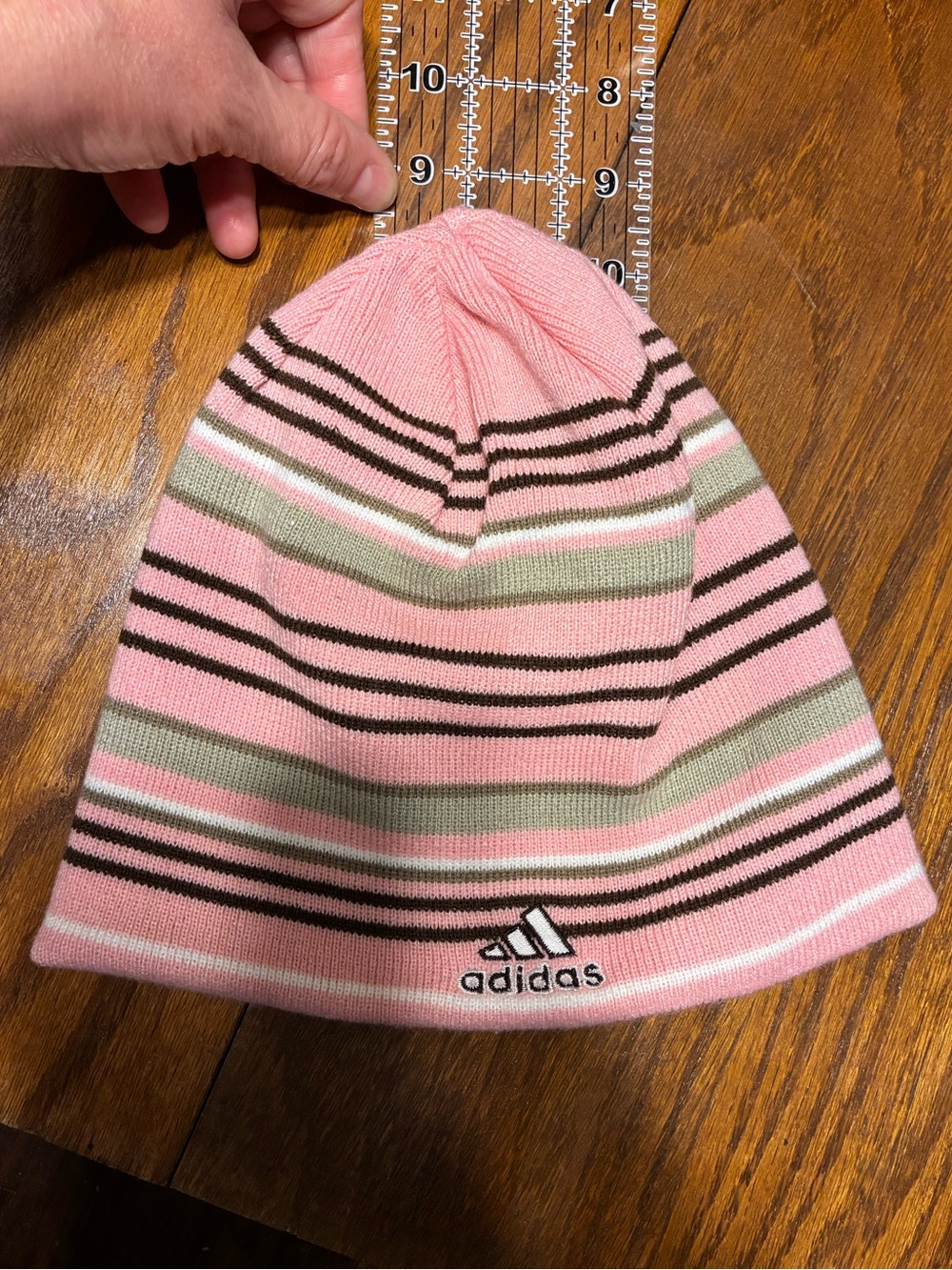 Y2K Adidas Reversible ClimaWarm Beanie Pink Brown White Stripes - Picture 12 of 13
